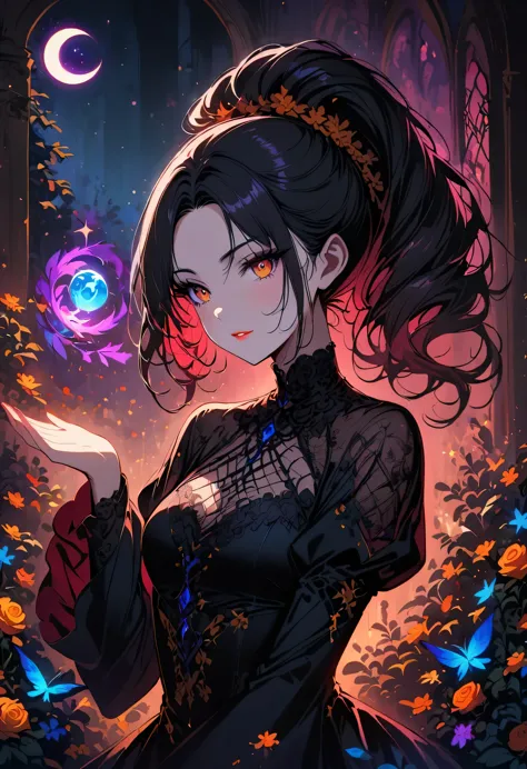 black lace dress,portrait,beautiful detailed eyes,beautiful detailed lips,long eyelashes,witch,black magic wand,moonlight,enchan...