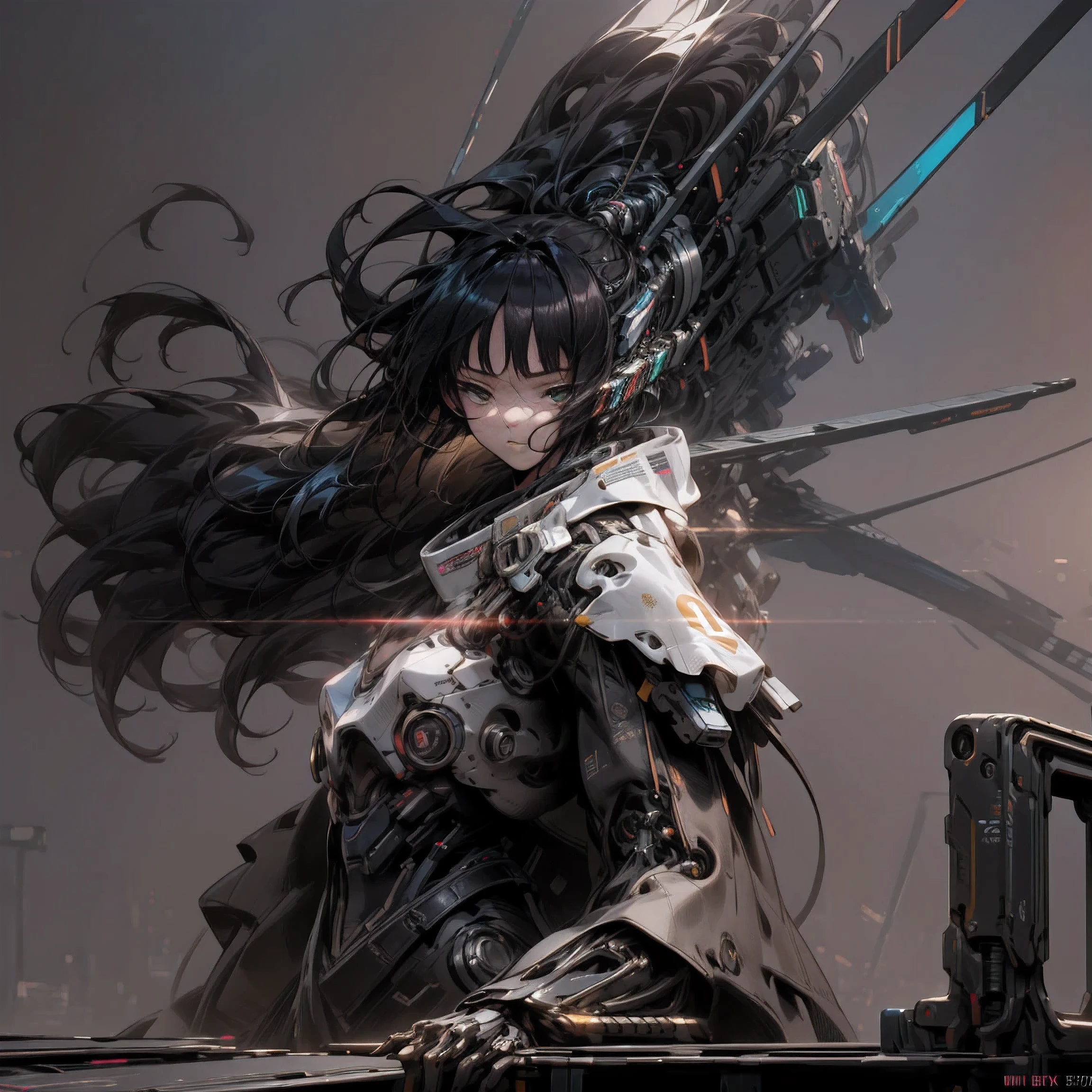 table top, 最high quality, high quality, (futuristic:1.1), (cyberpunk clothes), cinematic lighting, (exquisite future), beautiful and aesthetic, super detailed, great composition, floating, depth of field of view, (Highly detailed CG, unity 8k wallpaper), (Beautiful and detailed background), beautiful hair details, dramatic lighting,  
1 girl, Mecha,