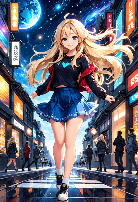 Otherworldly city:1.0,full body description:1.0,beautiful feet:1.1,mini skirt,smile,1 beautiful girl,blue eyes:1.2,universe,long hair fluttering in the wind:1.1,(blonde hair,length to waist,Detailed depiction of hair),(8K high quality),small face