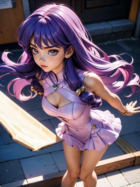 garota anime de cabelo purple com saia vestido longo purple meio transparente e espartilho, 16 anos, corpo bonito, seios grandes...