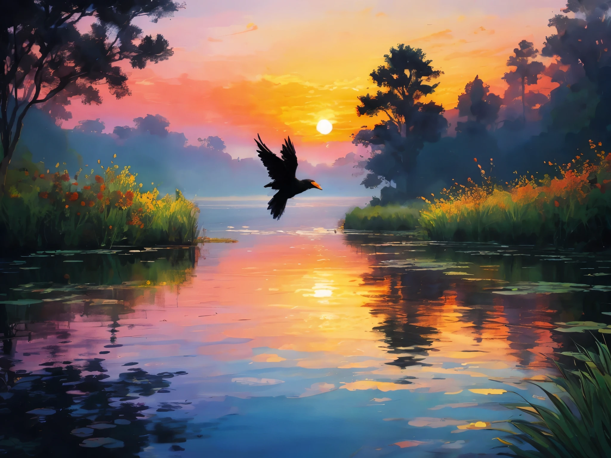 Painting of birds flying over lake at sunset, beautiful art uHD 4 k, Detailed 4k, painting 4k, painting 4 k, 美丽的painting哑光画, Beautiful digital painting, Beautiful scenery, peaceful scenery, nature, very beautiful photos, 美丽的大nature, painting. HD, really 美丽的大nature, Inspired by Mark Caseley