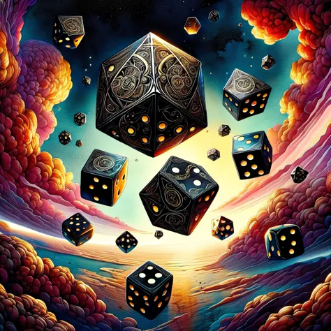 Antique black dice, in dynamic flight around planet Earth, captured in a double exposure style, watercolor by Greg Rutkowski, hy...