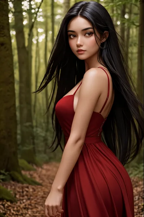 Beautiful black-haired girl with brown eyes and long hair in an elegant red dress walking through a night forest close-up on the...