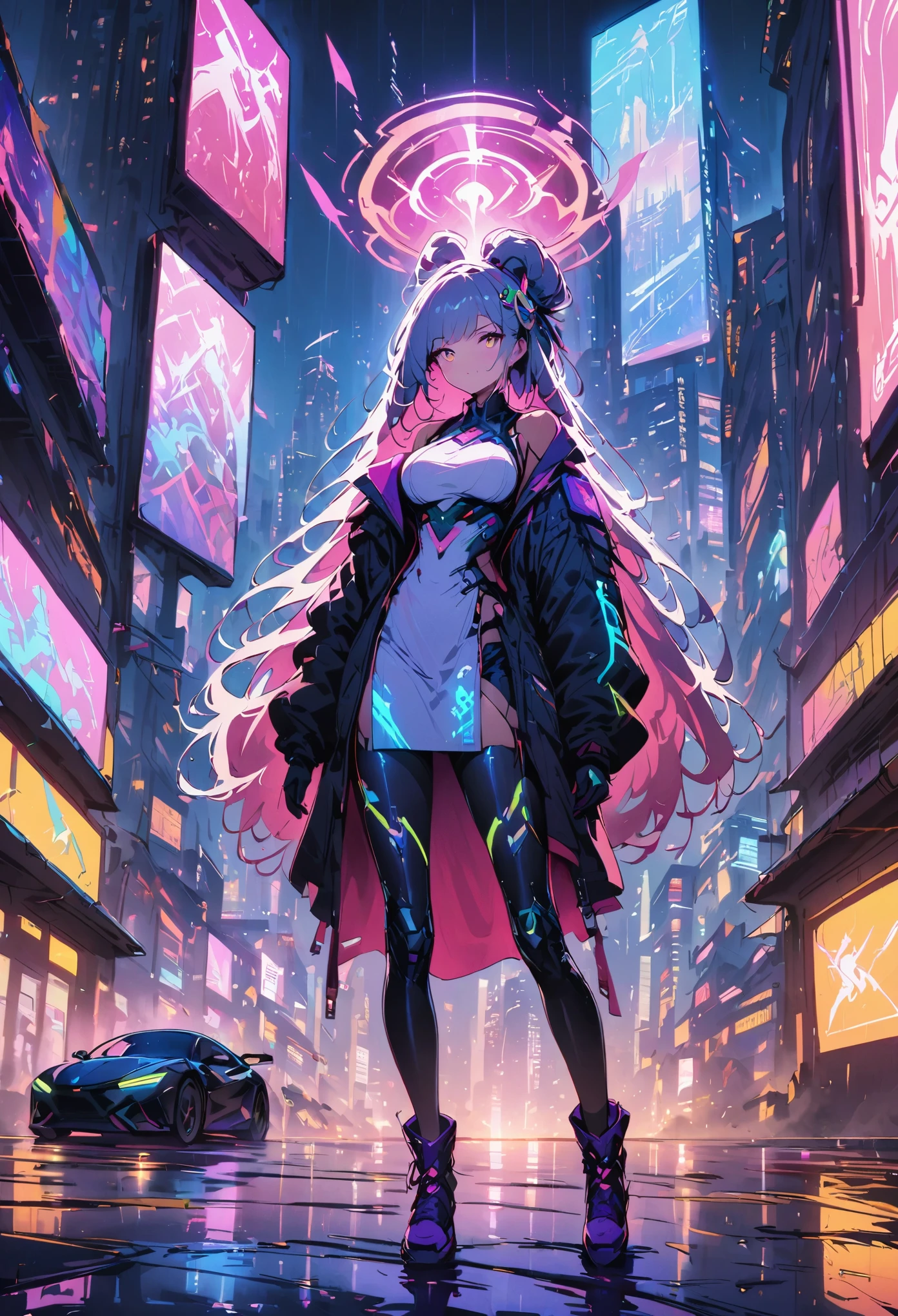 high-res,detailed cyberpunk female sorceress,cybernetic enhancements,glowing neon eyes,futuristic cityscape,levitating floating orbs,arcane symbols,flowing magical robes,dystopian atmosphere,misty alleyway,synthetic materials,gritty cyberpunk aesthetic,intense magical spells,dimly lit streets,energetic power surges,hovering drone cameras,high-tech staff,ethereal presence,urban decay,neon-lit signs,technological advancements,enchanted tattoos,interactive holographic displays,wisps of magic in the air,imposing skyscrapers,blurred reality,advanced cybernetic society,surrounded by flickering holograms,global megacity,innovative cyber spellcasting,robotic companions,bionic limbs,blending technology and magic,enchanted cybernetics