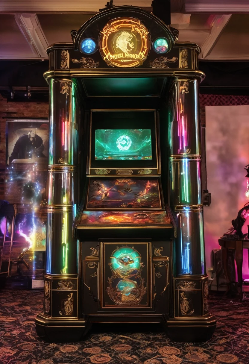 Mortal Kombat arcade game, made in 1800s England, steampunk machine, holographic gameplay projected on a cloud of steam
