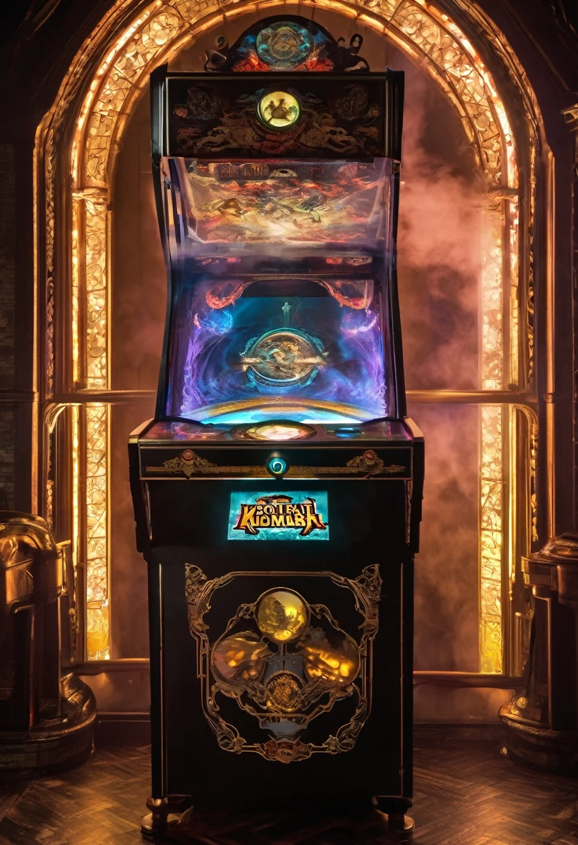 Mortal Kombat arcade game, made in 1800s England, steampunk machine, holographic gameplay projected on a cloud of steam
