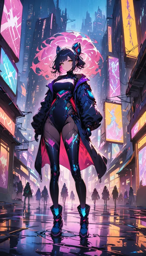 high-res,detailed cyberpunk female sorceress,cybernetic enhancements,glowing neon eyes,futuristic cityscape,levitating floating ...