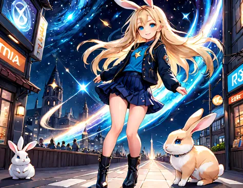 Otherworldly city:1.0,full body description:1.0,beautiful feet:1.1,rabbit pet,mini skirt,smile,1 beautiful girl and 1 rabbit,blue eyes:1.2,universe,long hair fluttering in the wind:1.1,(blonde hair,length to waist,Detailed depiction of hair),(8K high quali...