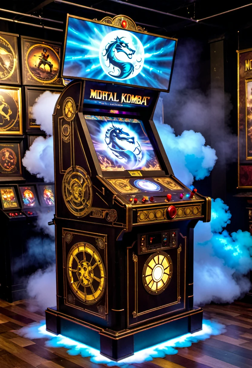 Mortal Kombat arcade game, made in 1800s England, steampunk machine, holographic gameplay projected on a cloud of steam
