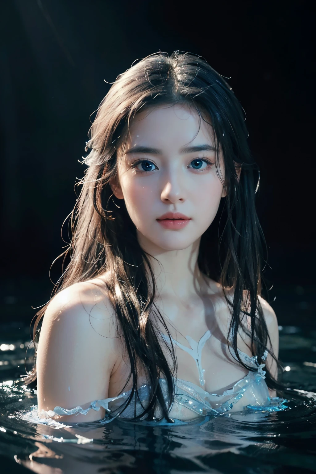Seven part photos, masterpiece, best quality, official art, Extremely detailed CG 8k wallpaper,(flying petals)(Detailed ice) ,  Water crystal texture skin, cold expression, white hair, long hair, messy hair, Blue eyes, looking at the audience, extremely delicate and beautiful, water,  ((Beautiful and delicate eyes)), Very detailed, movie lighting,((pretty face),fine water surface, (original figure painting), Super detailed, Very detailed,  (extremely delicate and beautiful), Beautiful and delicate eyes, split
