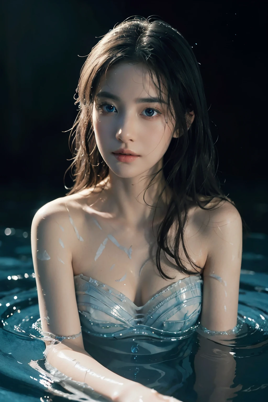 Seven part photos, masterpiece, best quality, official art, Extremely detailed CG 8k wallpaper,(flying petals)(Detailed ice) ,  cleavage，Water crystal texture skin, cold expression, white hair, long hair, messy hair, Blue eyes, looking at the audience, extremely delicate and beautiful, water,  ((Beautiful and delicate eyes)), Very detailed, movie lighting,((pretty face),fine water surface, (original figure painting), Super detailed, Very detailed,  (extremely delicate and beautiful), Beautiful and delicate eyes, split