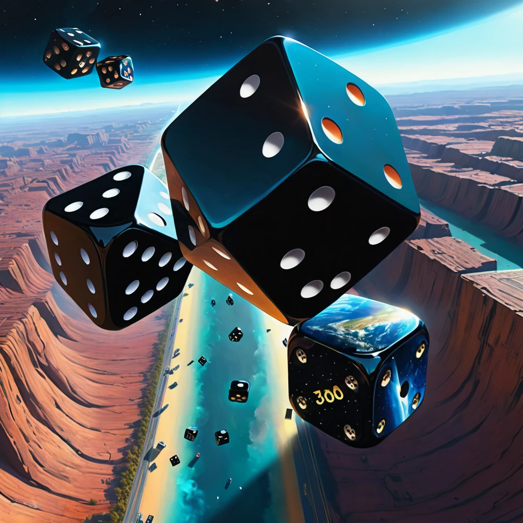 Two antique black dice are tossed over our planet in dynamic flight. Doubleexposure. Hyperrealism. Hyperdetalization. Gloominess. Dramatic. 32k., outer space, vanishing point, super highway, high speed, digital render, digital painting, beeple, noah bradley, cyril roland, ross tran, trending on artstation, ultra HD, bright colors, high detail, UHD pen and ink, perfect composition, intricate, high quality, masterpiece. best quality,, super detail