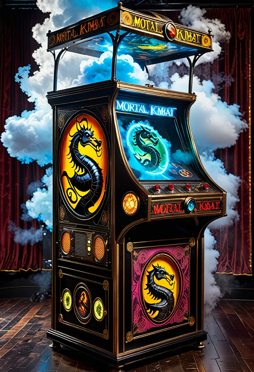 Mortal Kombat arcade game, made in 1800s England, steampunk machine, holographic gameplay projected on a cloud of steam
