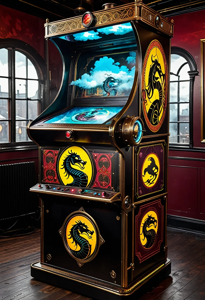 Mortal Kombat arcade game, made in 1800s England, steampunk machine, holographic gameplay projected on a cloud of steam
