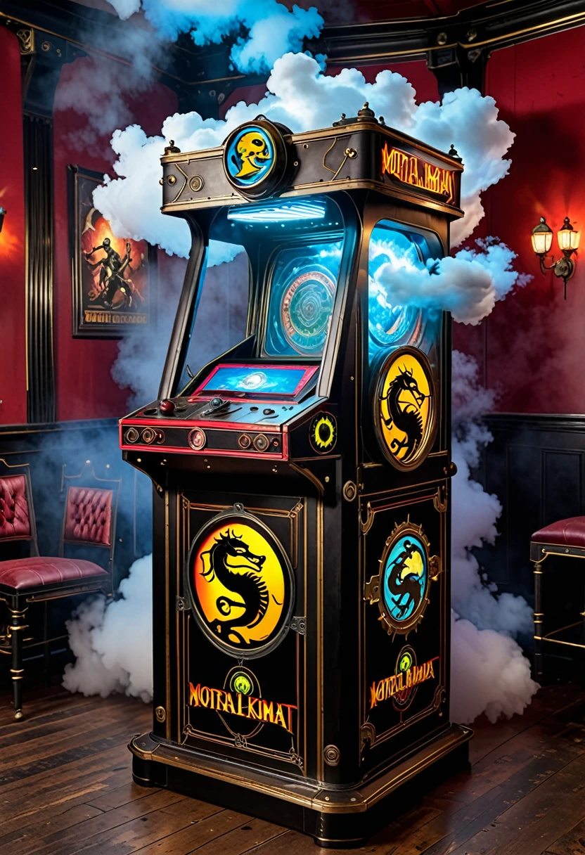 Mortal Kombat arcade game, made in 1800s England, steampunk machine, holographic gameplay projected on a cloud of steam
