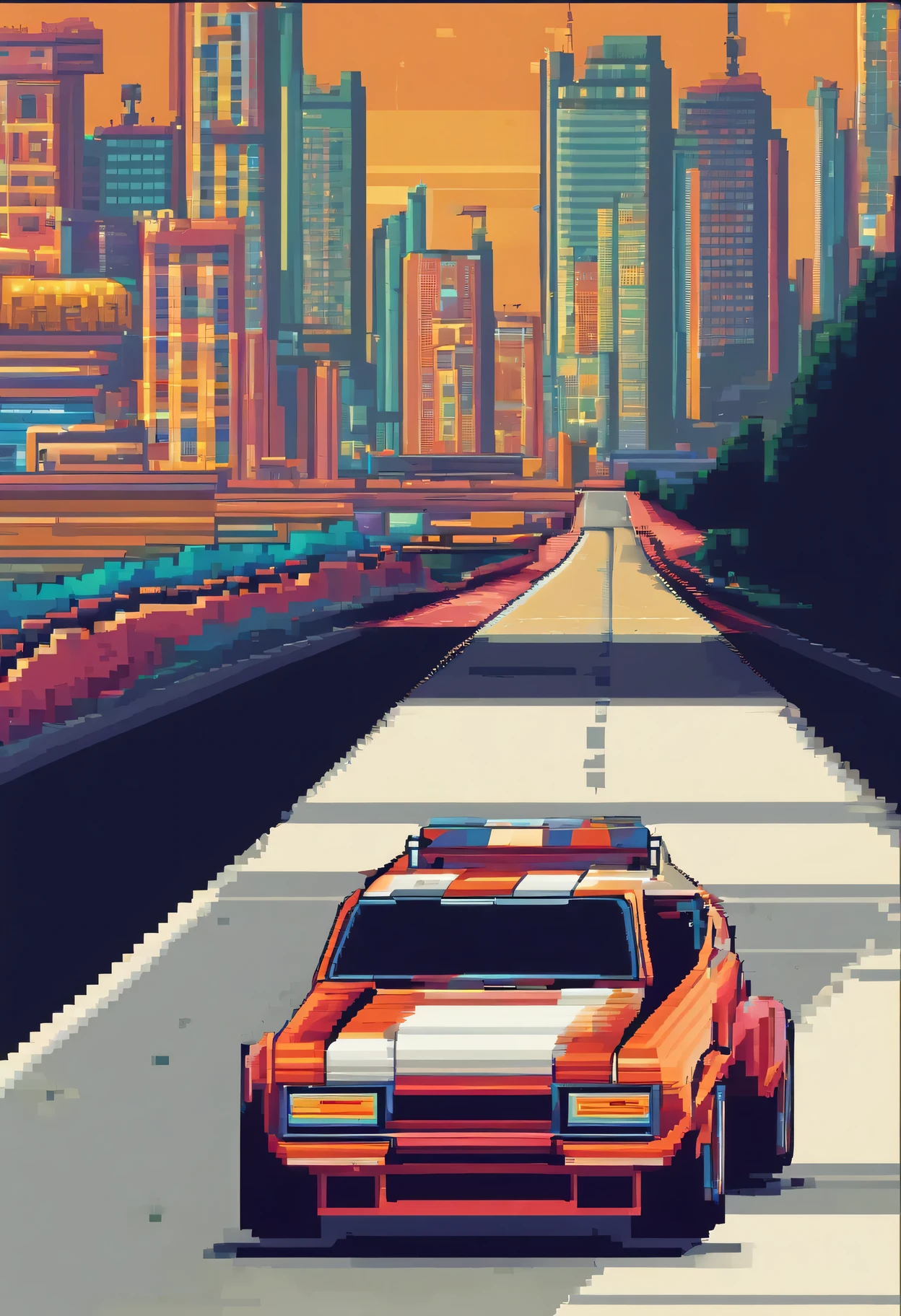 retro 8-bit pixel art:race car,retro style,fast-paced,exciting action,futuristic cars,fuel,checkered flags,track,neon lights,arcade game,high score,explosions,dynamic movement,adrenaline rush,high speed,retro game sound effects,vibrant colors,retro game graphics,vintage gaming experience