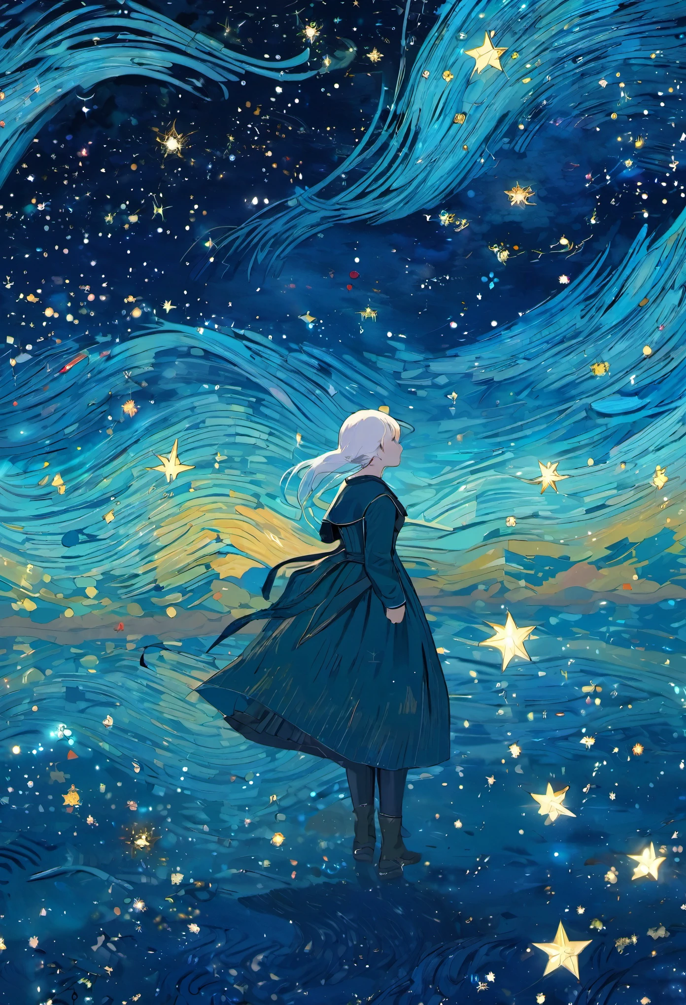 fantasía　obra maestra　van Gogh　cielo estrellado　universo　niña bonita　pelo blanco　