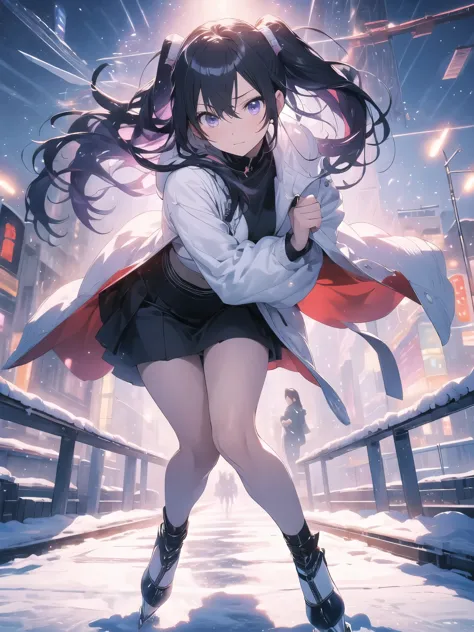 ice skating、snow、red coat、black tight skirt、purple mixed hair color、surreal japanese portrait,Works それ influenced Antonio Lopez&...