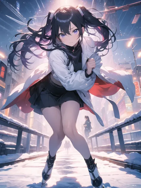 ice skating、snow、red coat、black tight skirt、purple mixed hair color、surreal japanese portrait,works それ influenced antonio lopez&...