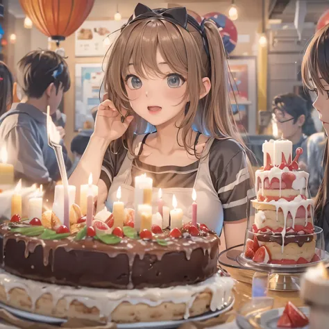highest quality、realistic anime picture、gag、simple background、1 girl、20-year-old、（troubled expression、Cake with 100 candles:1.5）...