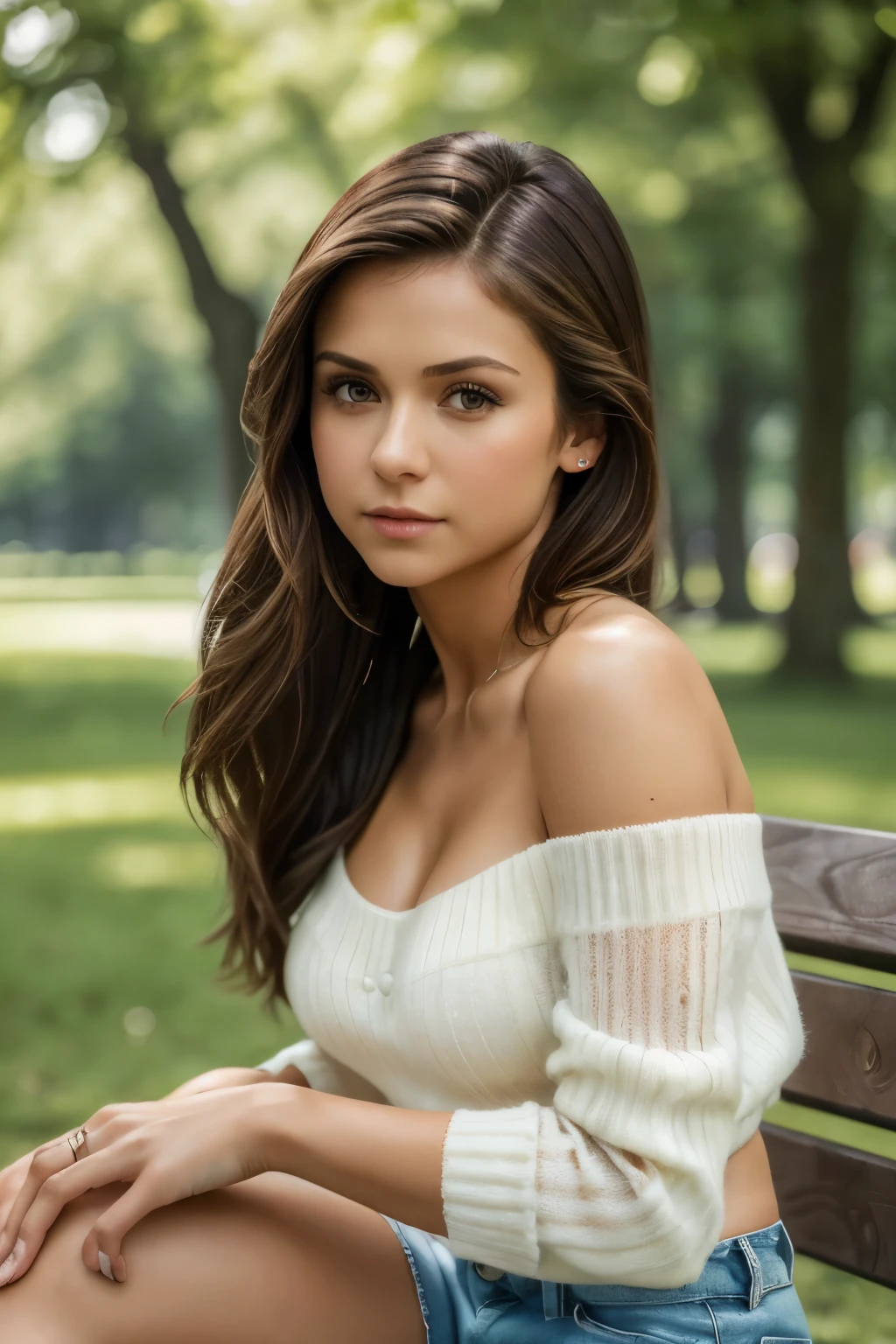 (Masterpiece, best quality, photorealistic, highres, professional photography, :1.4), close-up shot, sharp focus, (1 girl, Nina Dobrev), perfect hands and fingers, realistic skin, perfect body shape, large breasts, cleavage, (stylish hairstyle, extremely detailed hair), delicate sexy face, playful gaze, glossy lips, ((shorts, off-shoulder sweater)), sitting crossed legs on bench, in park, fashion photograph, film, bokeh, ((soft illumination, highly detailed, realistic, super realistic, realism, realistic detail))