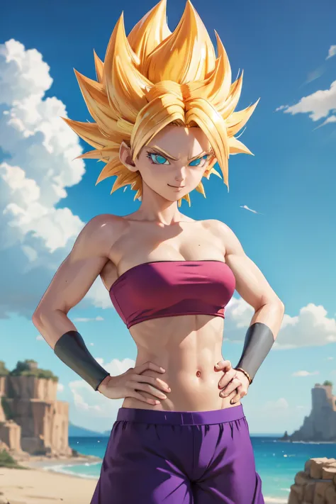 masterpiece, best quality,  ssjcaulifla, blonde hair, aqua eyes, tube top, purple pants, bracers, cowboy shot, looking at viewer...