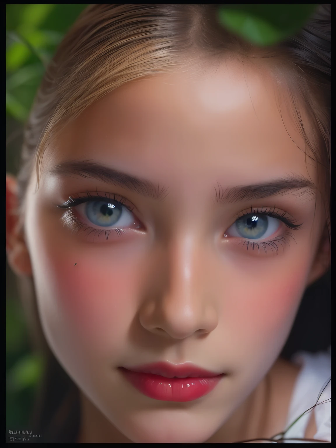 A close up of a woman with blue eyes and a pink lip - SeaArt AI