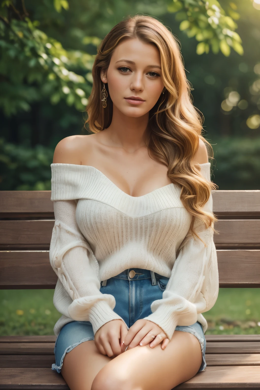 (Masterpiece, best quality, photorealistic, highres, professional photography, :1.4), close-up shot, sharp focus, (1 girl, Blake Lively), perfect hands and fingers, realistic skin, perfect body shape, large breasts, cleavage, (stylish hairstyle, extremely detailed hair), delicate sexy face, playful gaze, glossy lips, ((shorts, off-shoulder sweater)), sitting crossed legs on bench, in park, fashion photograph, film, bokeh, ((soft illumination, highly detailed, realistic, super realistic, realism, realistic detail))