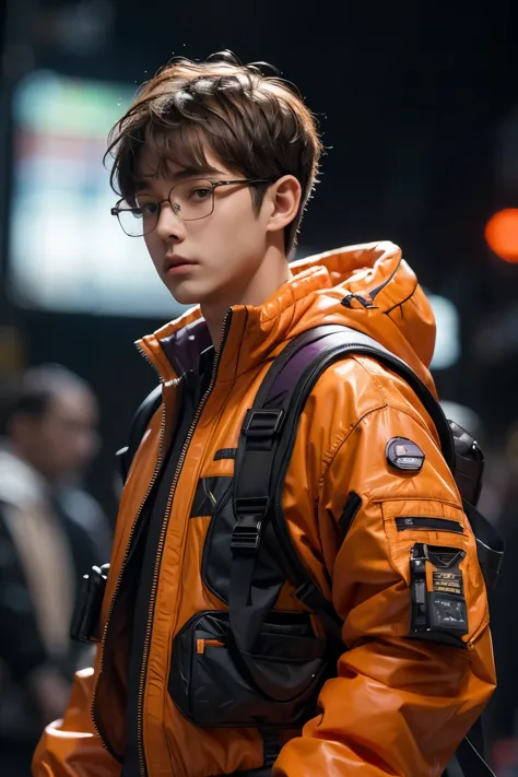 (front view:1.4), close-up portrait, (1boy:1.5), 20 year old with glasses, solo, orange spacesuit, bangs, brown(short hair:1.2),...