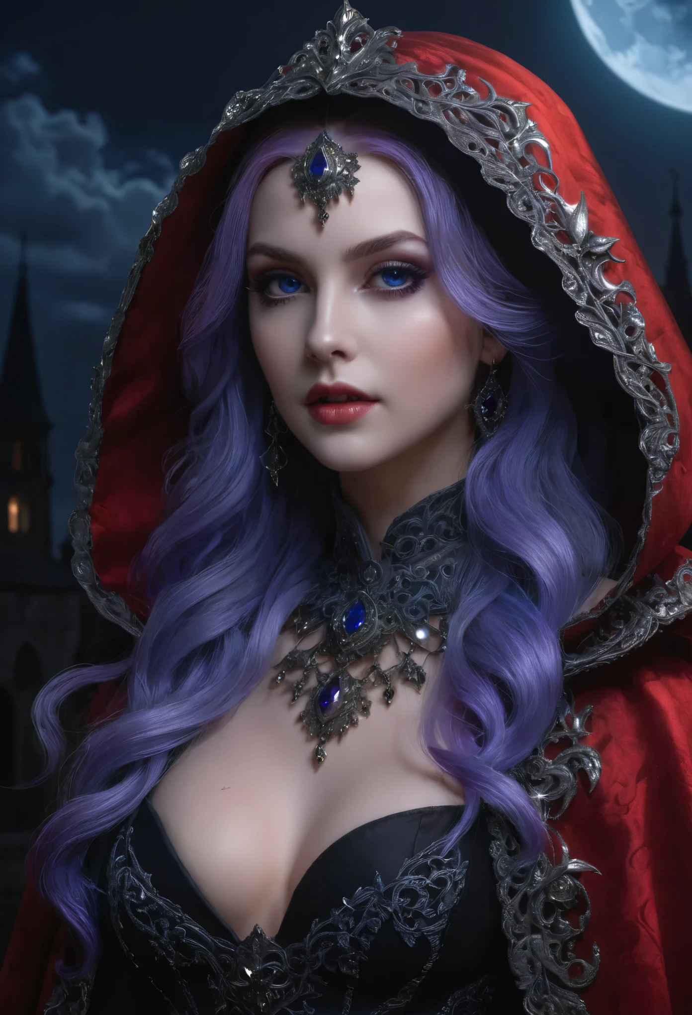 fantasy art, gothic art, (masterpiece:1.5), full body best details, highly detailed, best quality, Glowing Purple, highres, full body portrait of a vampire, elf (Masterpiece, best quality: 1.6), ultra feminine, wizard, (intricate details, Masterpiece, best quality: 1.5) with a long curvy hair, light color hair, blue eyes, (fantasy art, Masterpiece, best quality), ((beautiful delicate face)), Ultra Detailed Face (intricate details, fantasy art, Masterpiece, best quality: 1.5), [[vampiric fangs 1.5]] (red cloak: 1.3) , flowing cloak (intricate details, fantasy art, Masterpiece, best quality: 1.3), wearing an intricate black dress (intricate details, fantasy art, Masterpiece, best quality: 1.5), high heeled boots, urban background (intense details, beat details), fantasy, at night light, natural ,moon light, clouds, gothic atmosphere, soft light, dynamic light, [[anatomically correct]], high details, best quality, 8k, [ultra detailed], masterpiece, best quality, (extremely detailed), dynamic angle