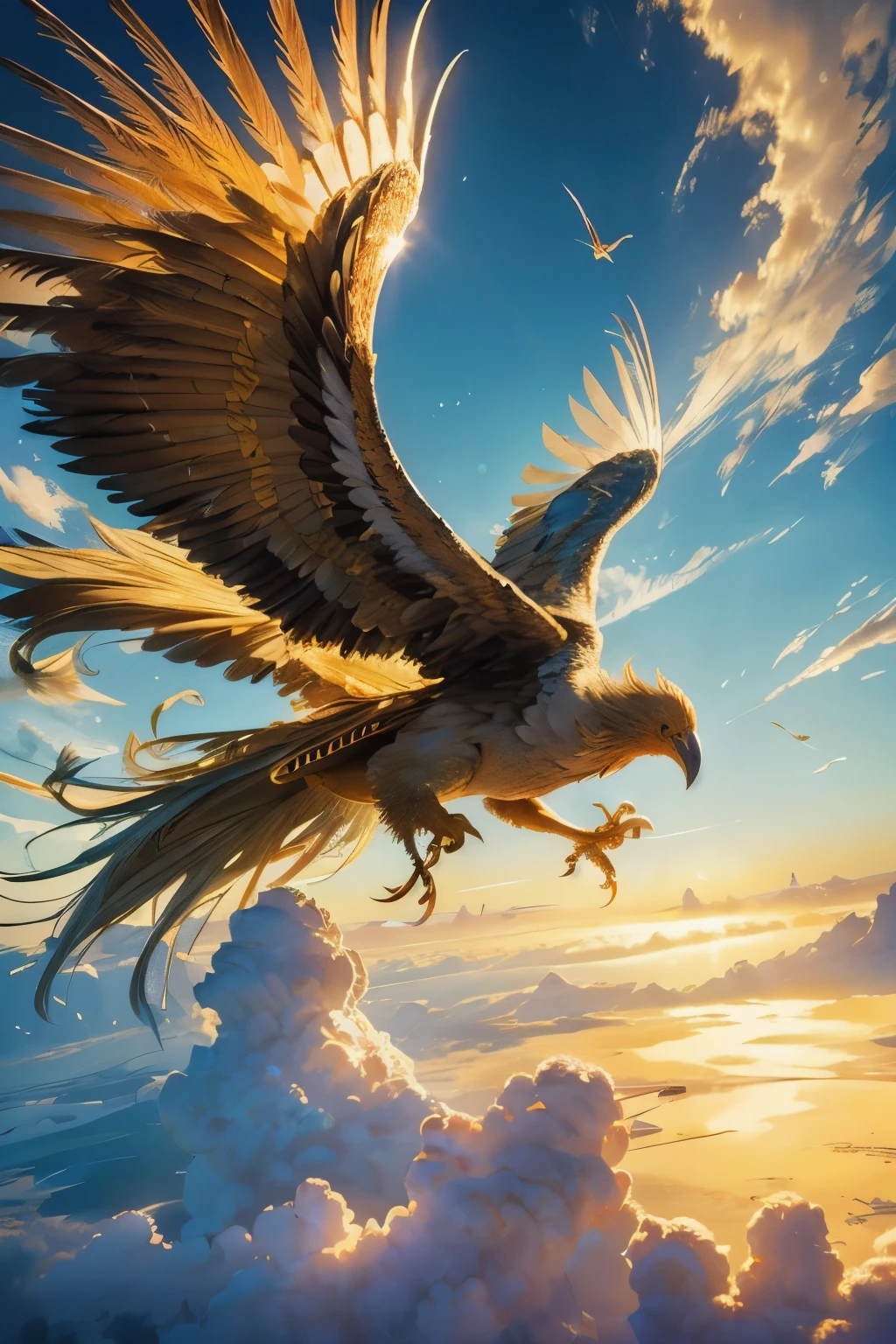 ロック, HD画質の壮大な黄金の鳥, 雄大に空に舞い上がる. その羽, 太陽の輝きできらめく, 光を捉えて眩しいほどに反射する. 鳥の形の複雑な詳細, それぞれの羽の端が定義される, 息を呑むような視覚体験を創造する. ロックの金色の体は太陽の光に輝く, それに空気を与える, まるで神話のような外観. その翼, 飛行中に広く広がる, 澄み切った青空に美しさと力強さの光景を作り出す. 高解像度の画像は、あらゆる細部を驚くほど鮮明に映し出します。, 見る者にその壮大な生き物への畏敬の念を抱かせる.