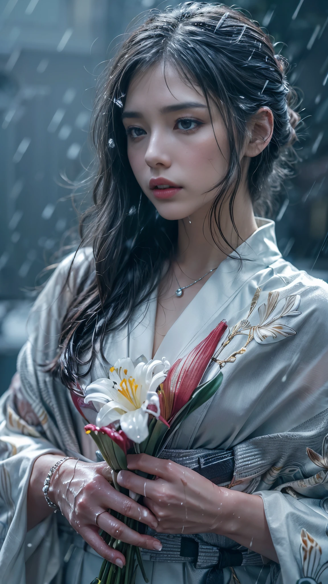 (RAW shooting, Photoreal:1.5, 8K, highest quality, masterpiece, ultra high resolution), (((heavy snow))), perfect dynamic composition:1.2, (In front of a shrine at night in a modern city, expression of sadness:0.9, Tears are flowing:0.9, cry with a broken heart:0.9), Highly detailed skin and facial textures:1.2, Slim office lady wet in the rain:1.3, cowboy shot, Fair skin:1.2, sexy beauty:1.1, perfect style:1.2, beautiful and aesthetic:1.1, very beautiful face:1.2, water droplets on the skin, (rain drips all over my body:1.2, wet body:1.2, wet hair:1.3), (Holding a bouquet of wet lilies:1.2, Wearing a wet silver kimono correctly:1.35), (Medium chest, bra is see-through, Chest gap),  (Eyes that feel beautiful eros:0.8), (Too erotic:0.9, Bewitching:0.9), necklace, earrings, bracelet
