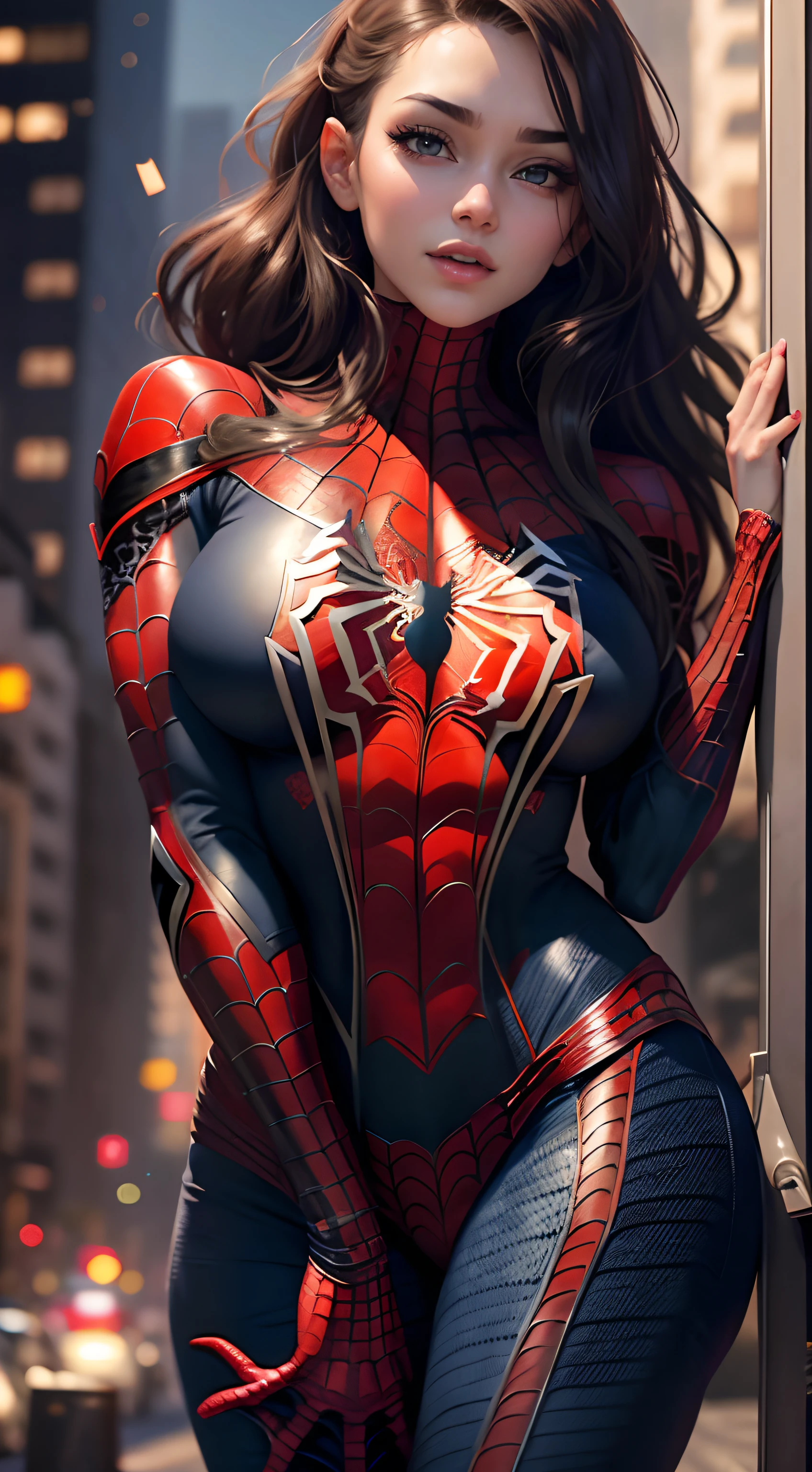 A woman in a spider - man suit posing in the city - SeaArt AI