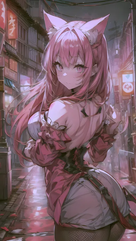 POV: Looking up at character, 1 female, cat girl, (((pale skin))), (((pink colored cat ears))), ((appearance: streaming red hair ribbons, radiant red colored eyes with cat shaped pupils,)), ((hair: long pink hair, straight hair, hair drills, side bangs, pi...