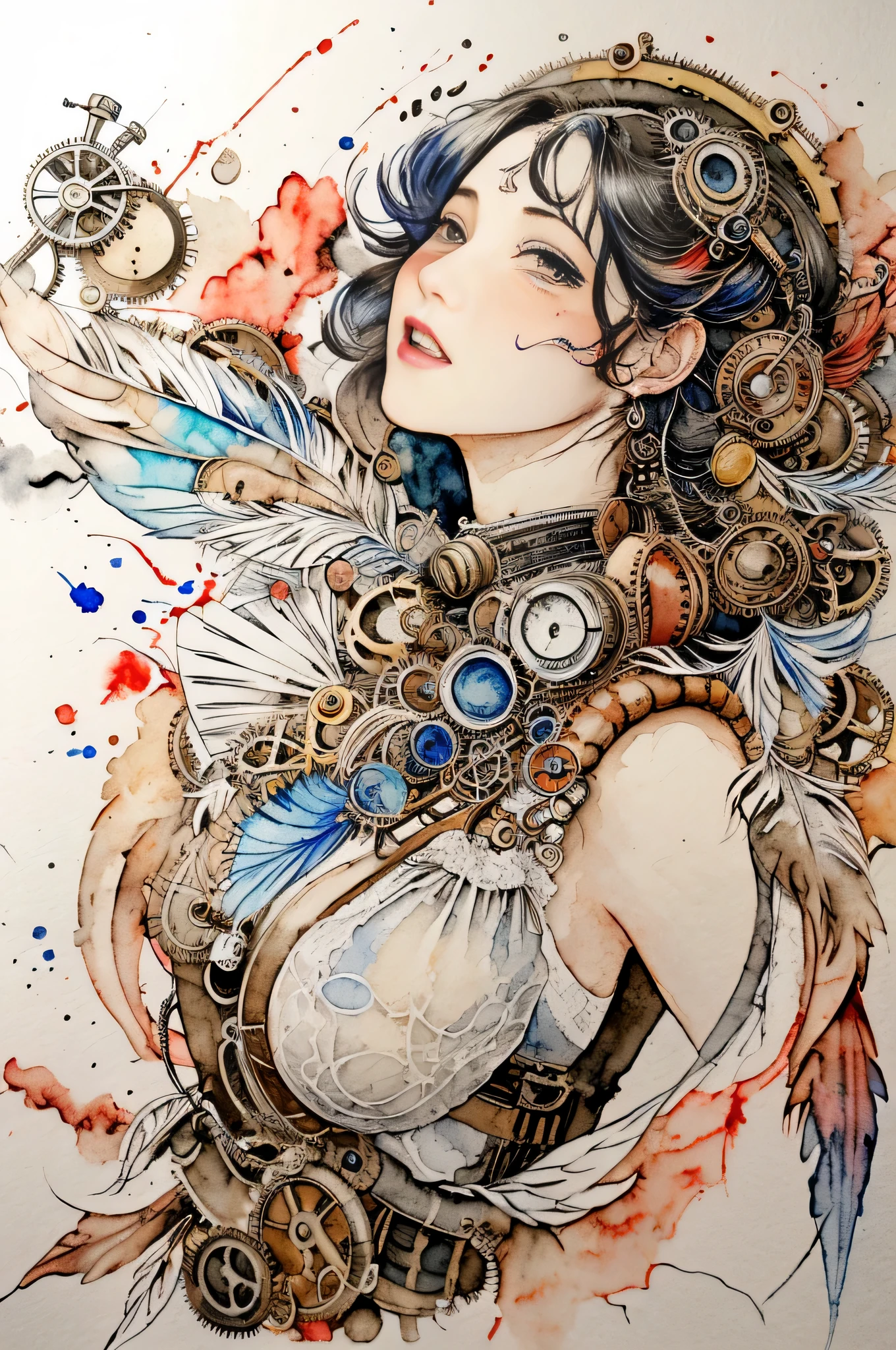 beautiful girl、((abstract steampunk woman)),  wonderful feathers, Red and Black、 watercolor crazy painting on white canvas, become familiar with, delicate touch, A true masterpiece watercolor painting, Habubuki、masterpiece、highest quality、Excited、anger、express victory、detailed description、