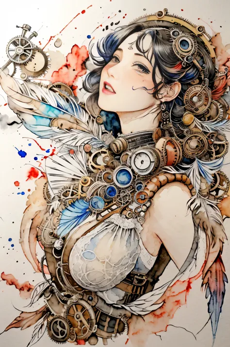 beautiful girl、((abstract steampunk woman)),  wonderful feathers, Red and Black、 watercolor crazy painting on white canvas, beco...