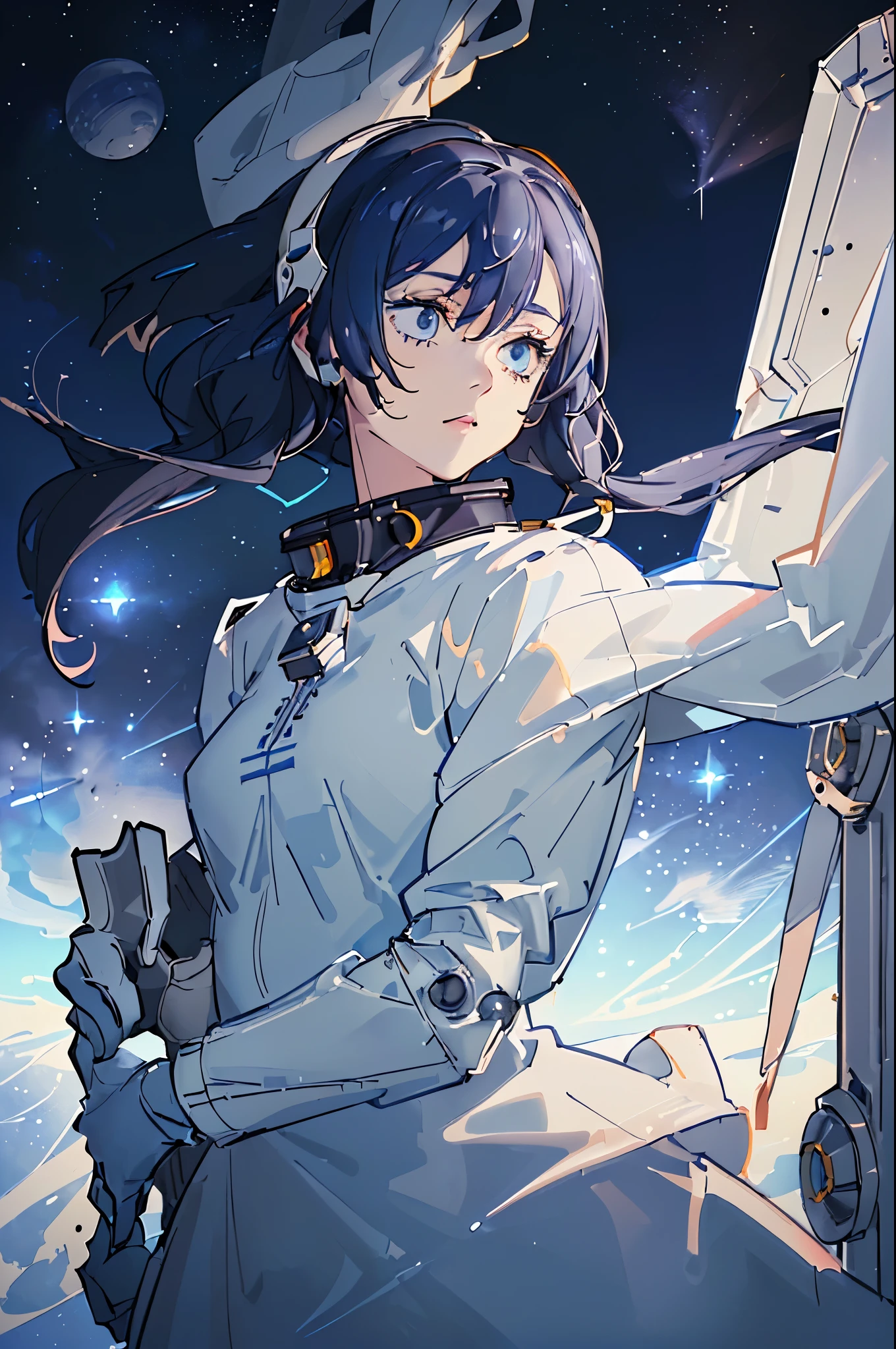 (((masterpiece,best quality,an extremely delicate and beautiful,illustration))),

(from side,medium long shot),

((a cute_detailed_girl in spacesuit,beautiful_detailed_face in aerospace_helmet)),(((upper body))),(disheveled hair:0.3),

(((clouds:0.3),multiple_luna,(floating_fortress technology machinery),night sky background)),

(cyberpunk_aerospace_helmet)