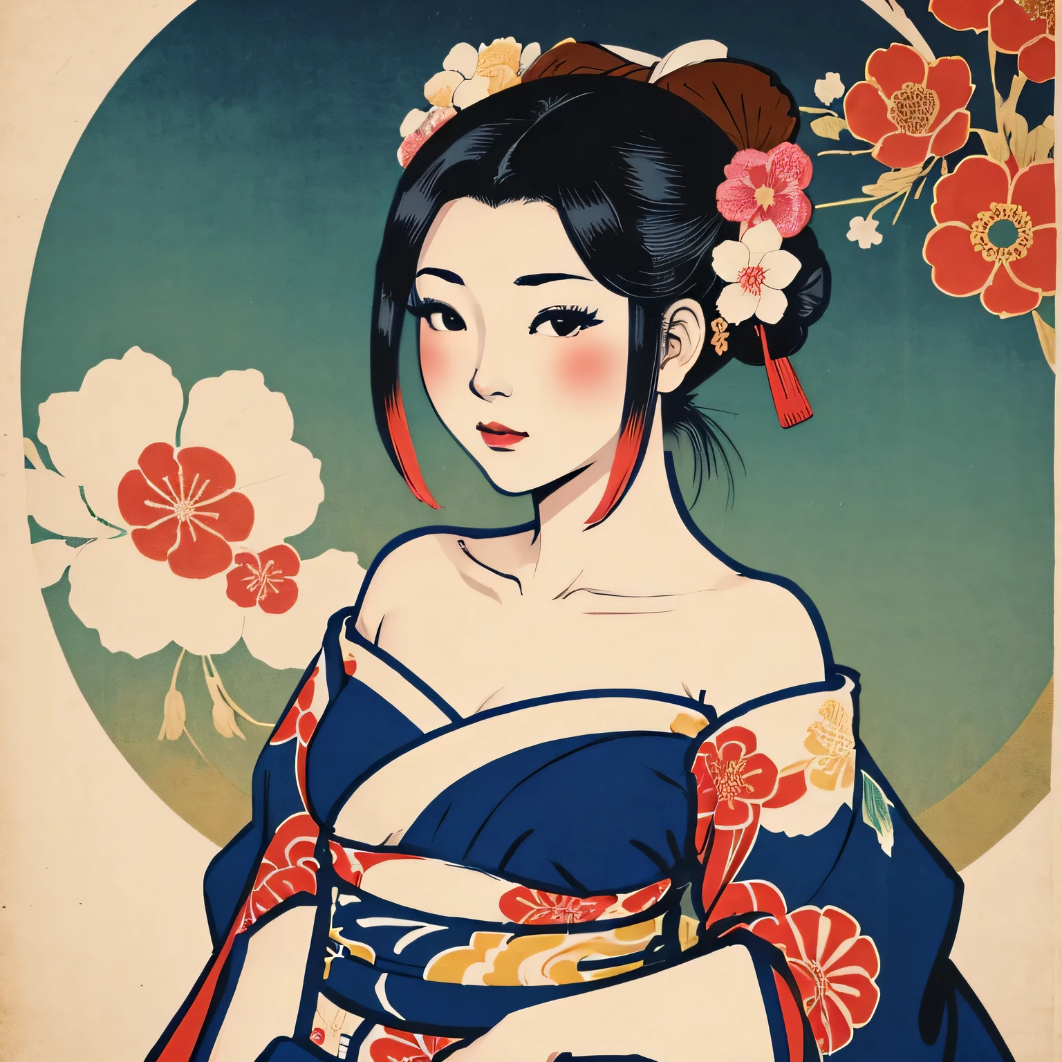 Art vintage japonais, Conception de t-shirts, art vectoriel, art plat:1,4. \\ (japonaise, en kimono, best quality, Art officiel, Beaucoup de couleurs, couleurs du japon, ukiyo-e, couleurs, printemps , bare shoulders, belles formes,: 1.2