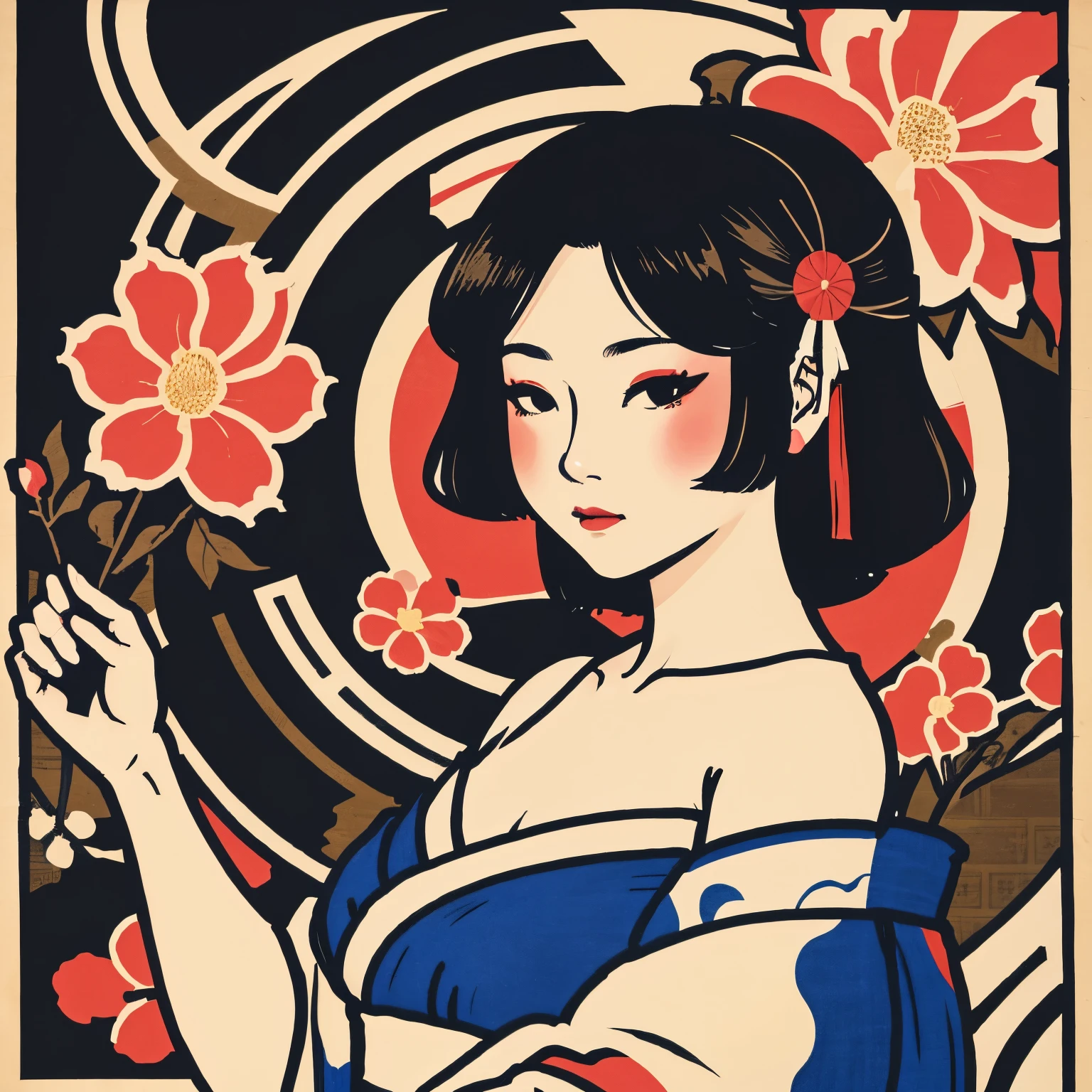 Art vintage japonais, Conception de t-shirts, art vectoriel, art plat:1,4. \\ (japonaise, en kimono, best quality, Art officiel, Beaucoup de couleurs, couleurs du japon, ukiyo-e, couleurs, printemps , bare shoulders, belles formes,: 1.2