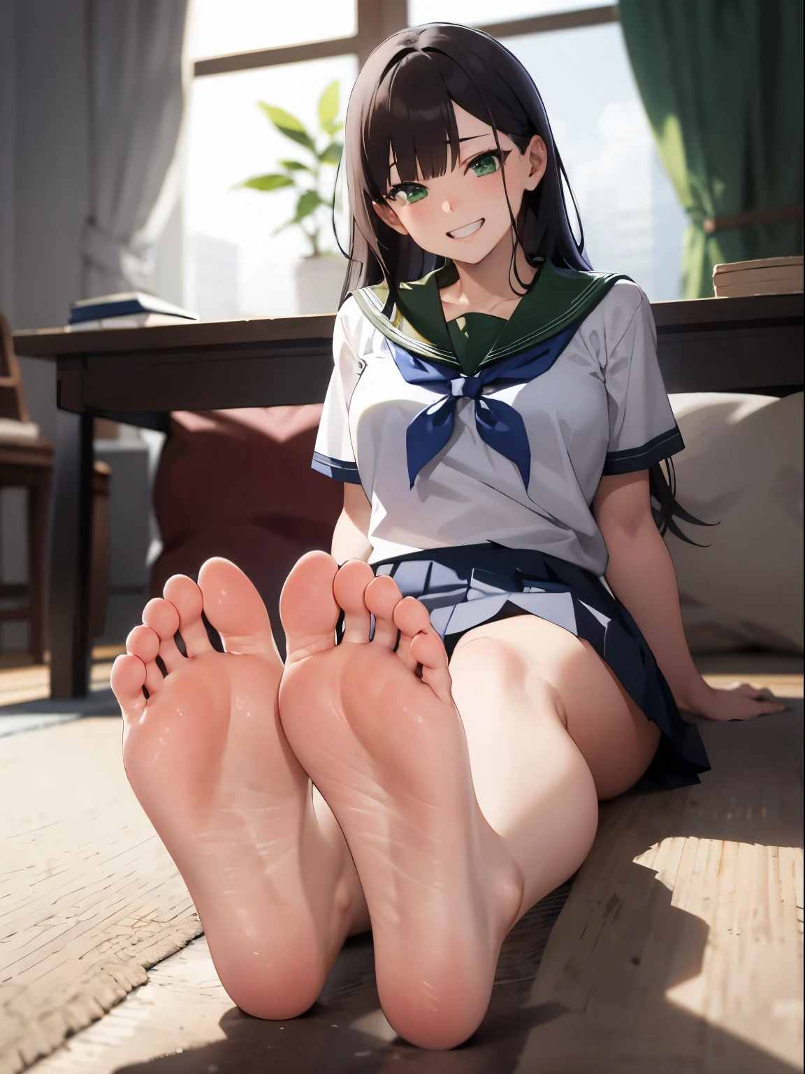 Anime girl sitting on the floor with her feet crossed - SeaArt AI