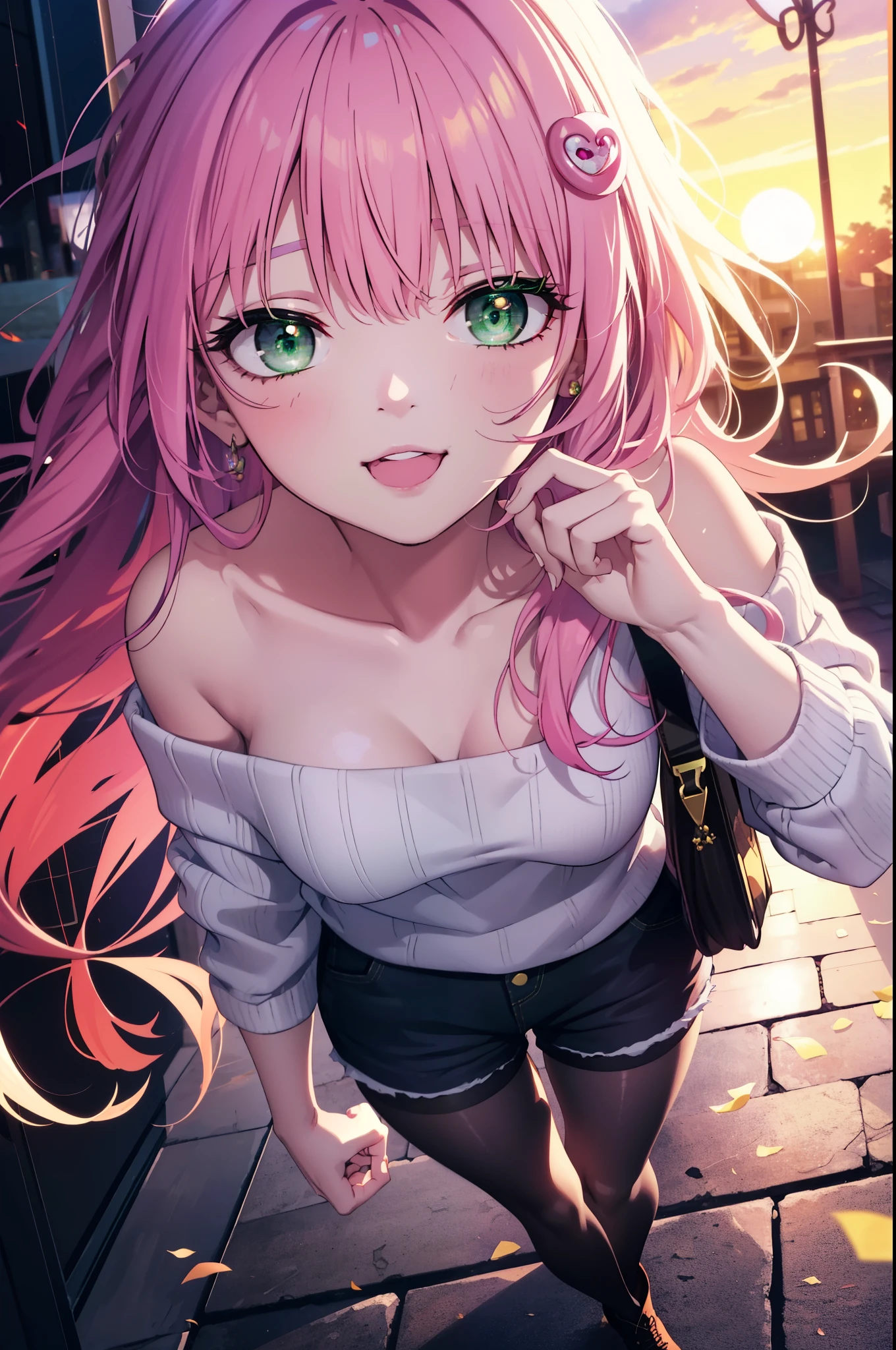 Lara Deviluke, Lara Deviluke, long hair, pink hair, tail, Ahoge, bangs, hair ornaments, (green eyes:1.5), happy smile, smile, open your mouth,demon tail,off shoulder sweater,bare shoulders,bare clavicle,naked neck,shorts,black pantyhose,short boots,bag,evening,sunset,So that the whole body goes into the illustration,
break outdoors, In town,ビル街
break looking at viewer, 
break (masterpiece:1.2), highest quality, High resolution, unity 8k w全てpaper, (shape:0.8), (beautiful detailed eyes:1.6), extremely detailed face, perfect lighting, extremely detailed CG, (perfect hands, perfect anatomy),