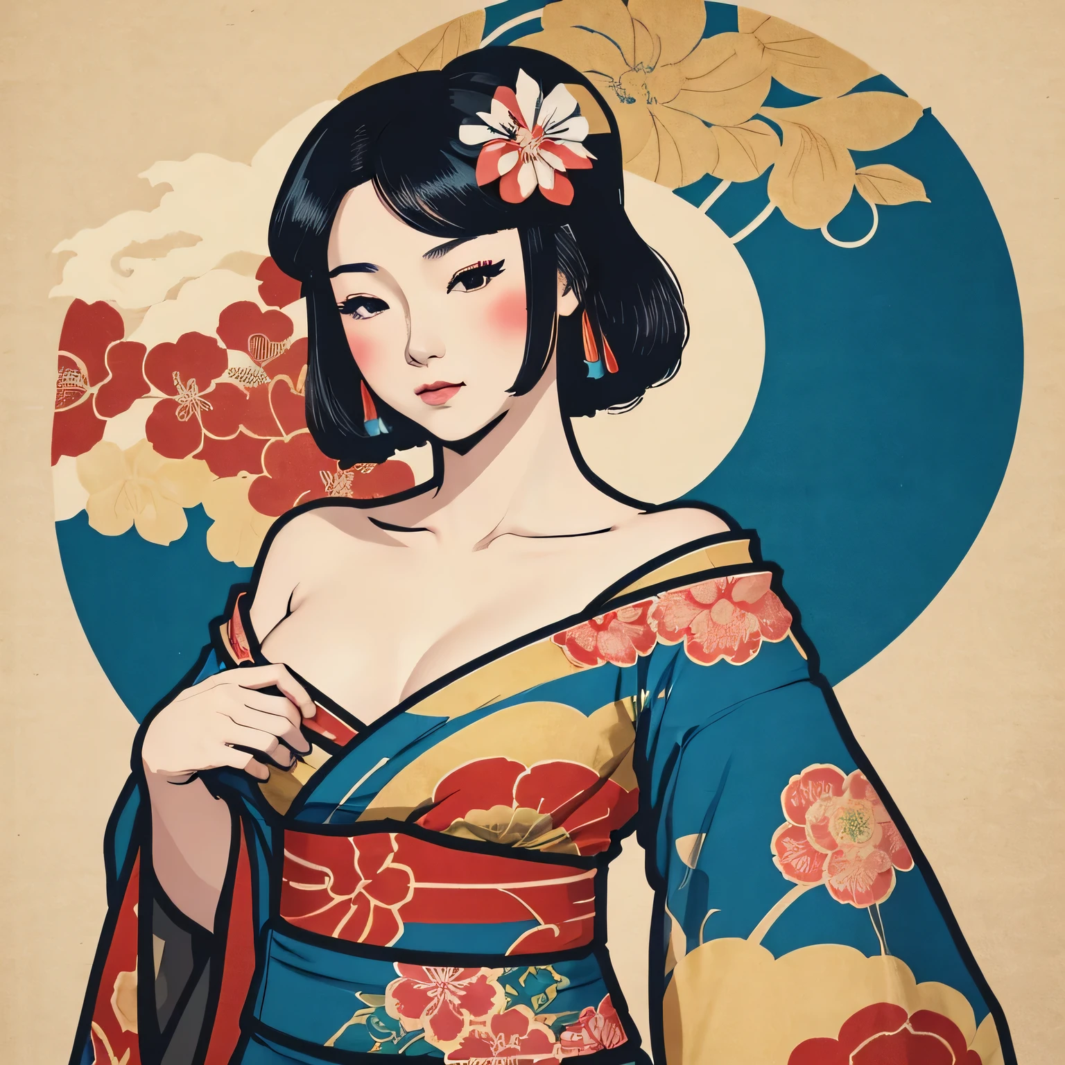 Art vintage japonais, Conception de t-shirts, art vectoriel, art plat:1,4. \\ (japonaise, en kimono, best quality, Art officiel, Beaucoup de couleurs, couleurs du japon, ukiyo-e, couleurs, printemps , bare shoulders, belles formes,: 1.2