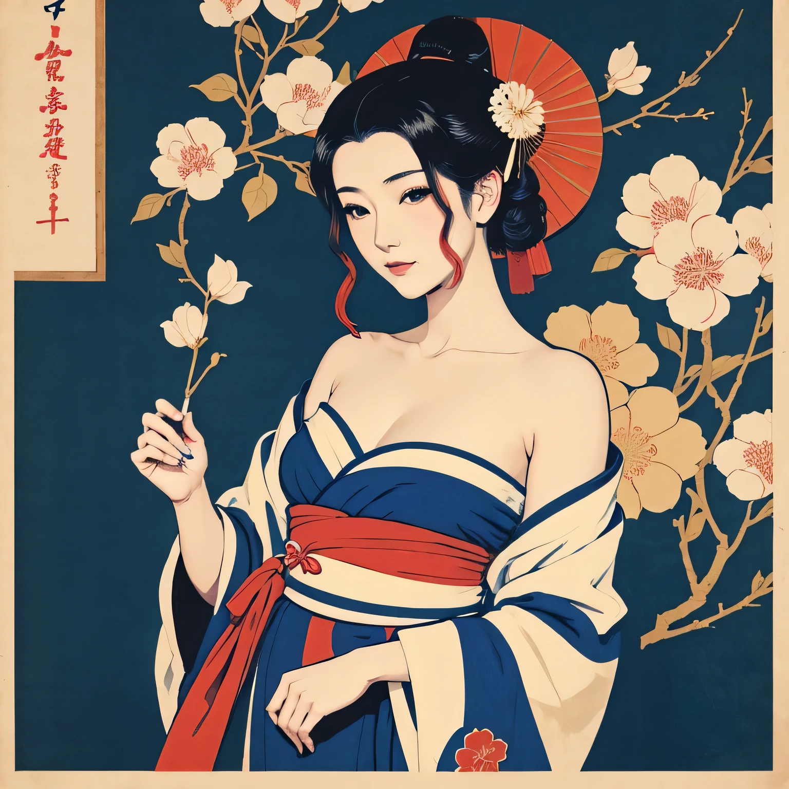 Art vintage japonais, Conception de t-shirts, art vectoriel, art plat:1,4. \\ (japonaise, en kimono, best quality, Art officiel, Beaucoup de couleurs, couleurs du japon, ukiyo-e, couleurs, printemps , bare shoulders, belles formes,: 1.2