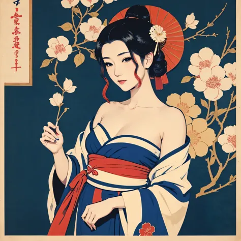 art vintage japonais, conception de t-shirts, art vectoriel, art plat:1,4. \\ (japonaise, en kimono, best quality, art officiel,...