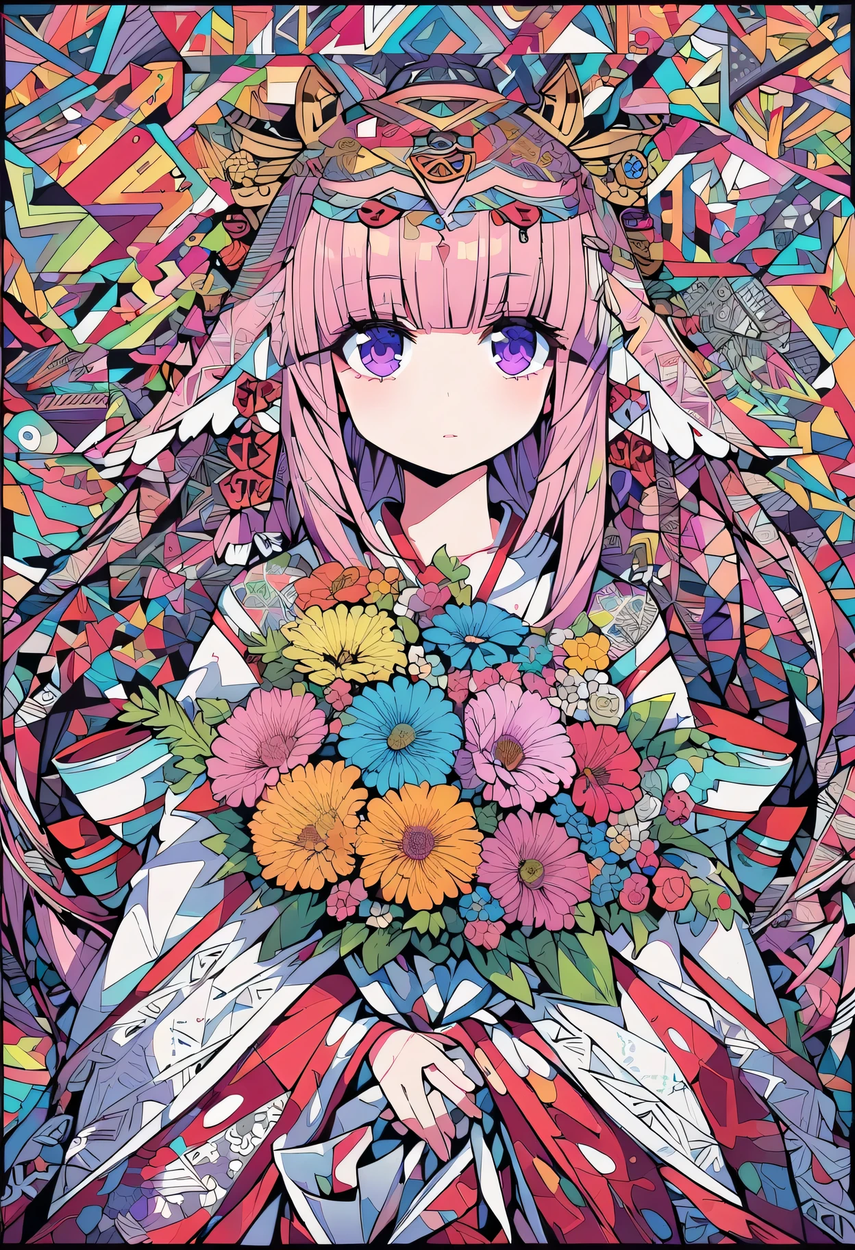(ultra-Detailed background, Detailed background), ridiculous, High resolution, super detailed, Very detailed, 1 girl, Yae Shrine Maiden, pink hair, purple eyes, (A bouquet of flowers:1.3), (Zentangle:1.2), (Geometric:1.2),(colorful),