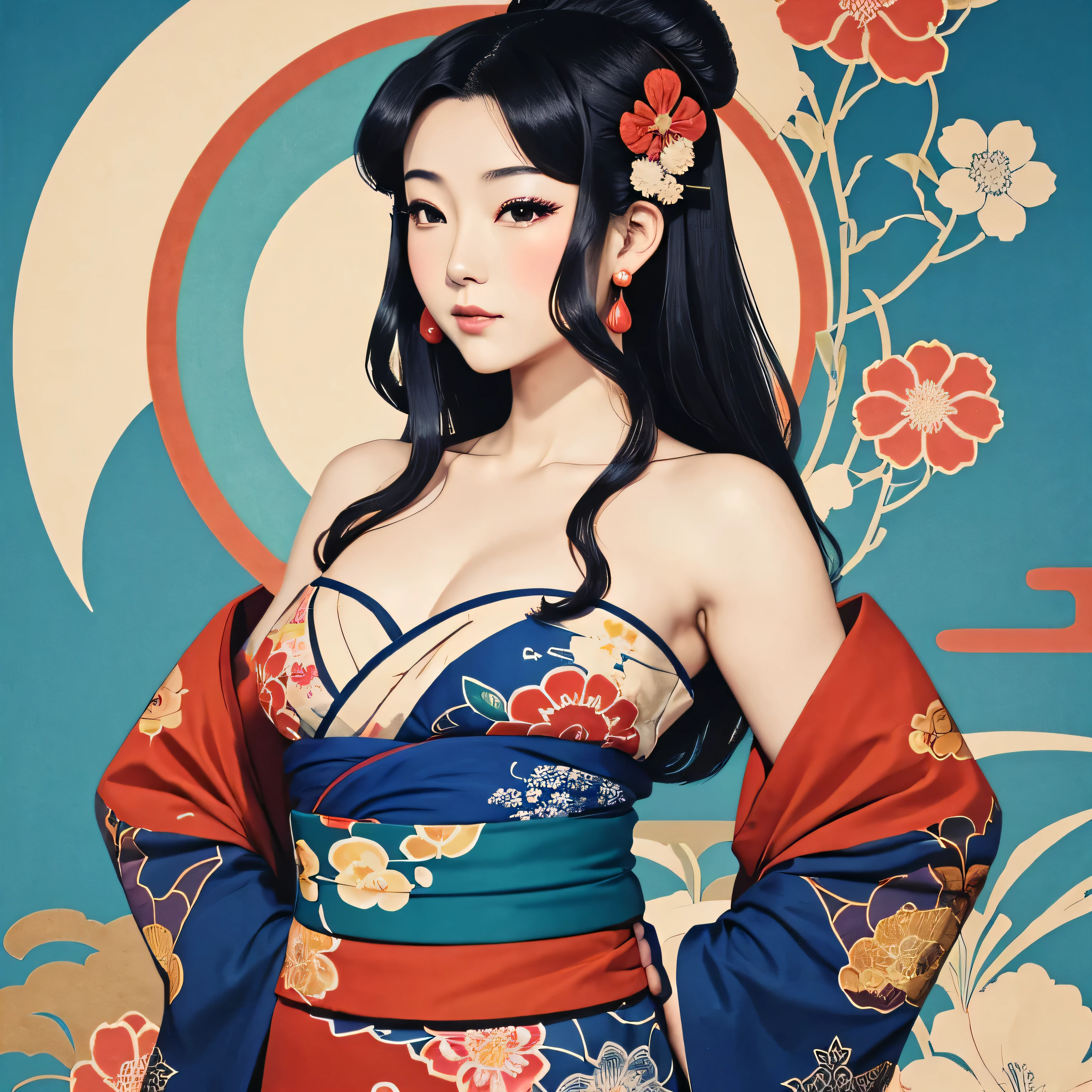 Art vintage japonais, Conception de t-shirts, art vectoriel, art plat:1,4. \\ (japonaise, en kimono, best quality, Art officiel, Beaucoup de couleurs, couleurs du japon, ukiyo-e, couleurs, printemps , bare shoulders, belles formes,: 1.2