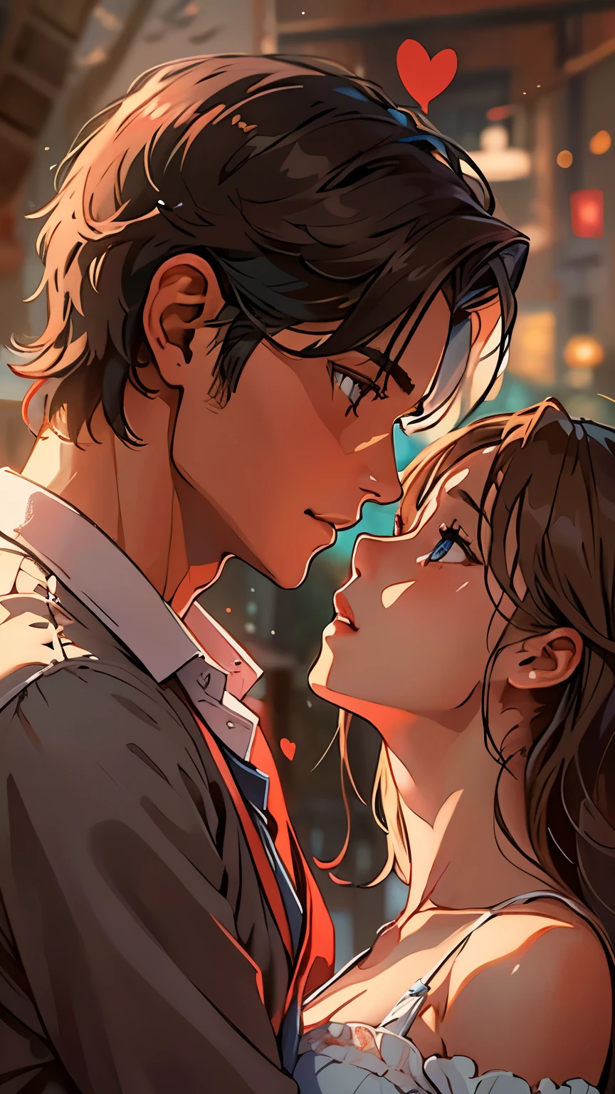 (Masterpiece, Best Quality), 1 girl, 1 boy embracing tightly, hearts beating in sync, (ambiguous, intimate), gazing deep into each other's eyes, their lips meeting in a passionate kiss, a beautiful couples' moment, a work of art,

(High quality, 1 girl), Brown haired beauty with a collared shirt, her eyes sparkling with shyness, leaning slightly backward, Handsome man approaching her, untying the collar of her shirt, revealing a deep V neckline and ample cleavage, the smell of her perfume intoxicing him,

(Sensuous masterpiece), A pretty, charming Coquettish girl with