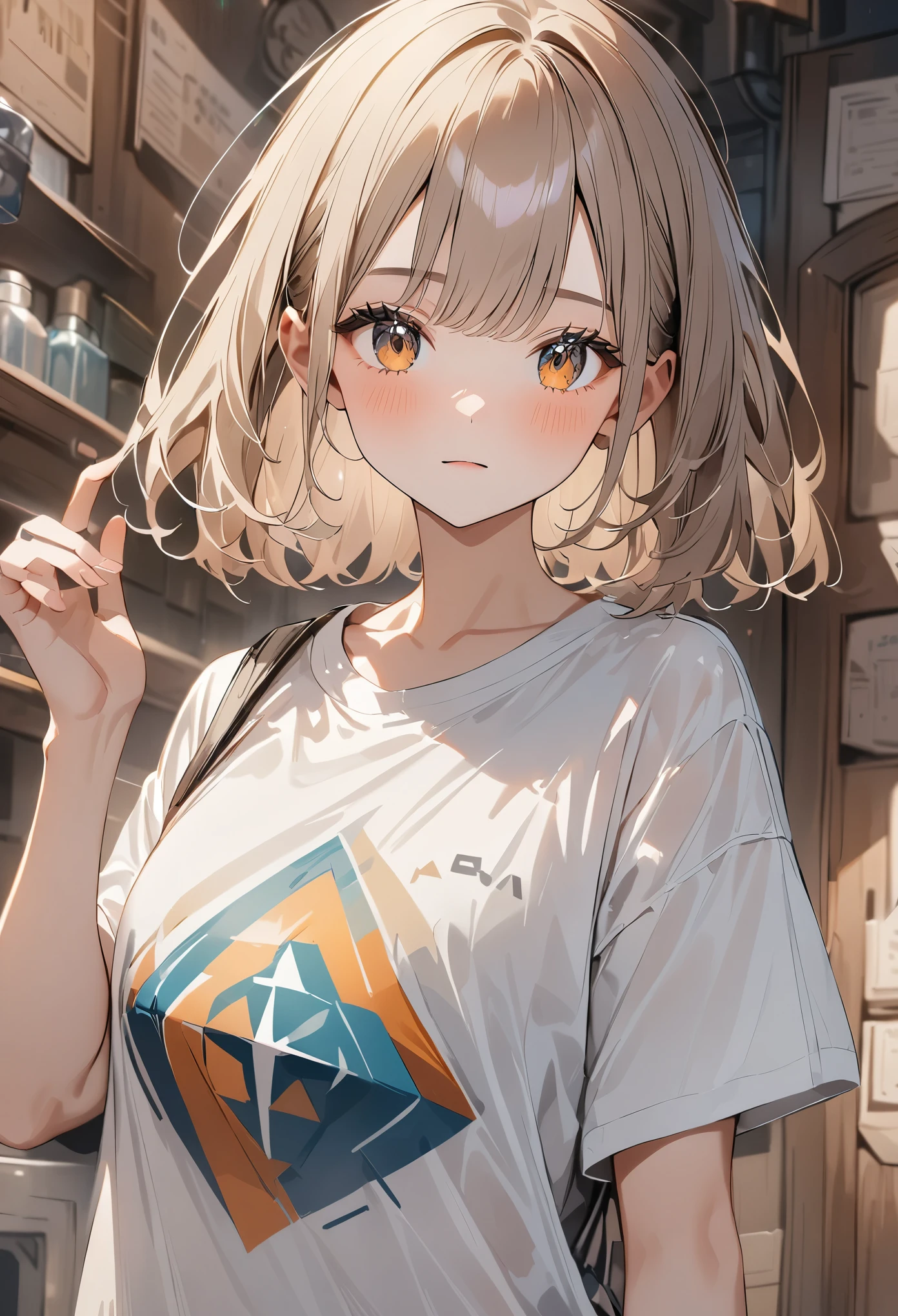 geometric pattern background:1.3、dark color、cute girl hair、look away、white baggyＴshirt、NASAの文字がプリントされたshirt、loose clothing、retro、highest quality、super detailed、high quality details、green