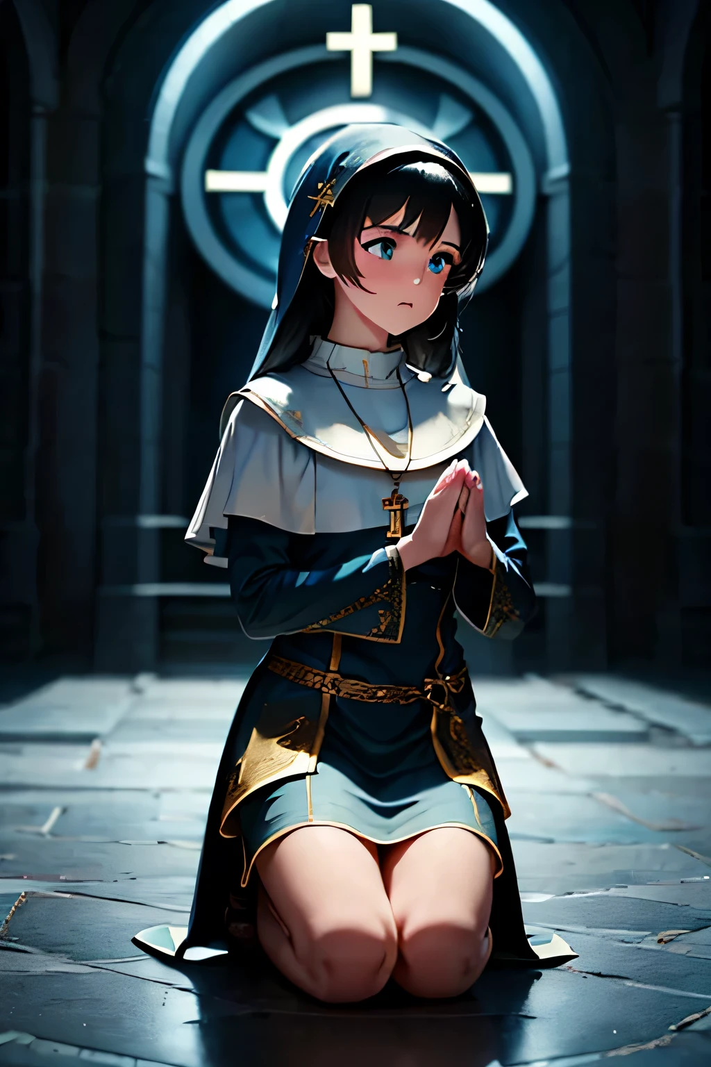 ((masterpiece)), (bestquality), ((ultra-detailed)), ((cinematic lighting)), from the Side, depth of field, (dynamic angle),detailed lighting, (beautiful detailed blue eyes),outdoors, 1girl, black hair, Cross necklace, tomboy, cleric, shy, small bust, kneeling, praying, hands folded in prayers,