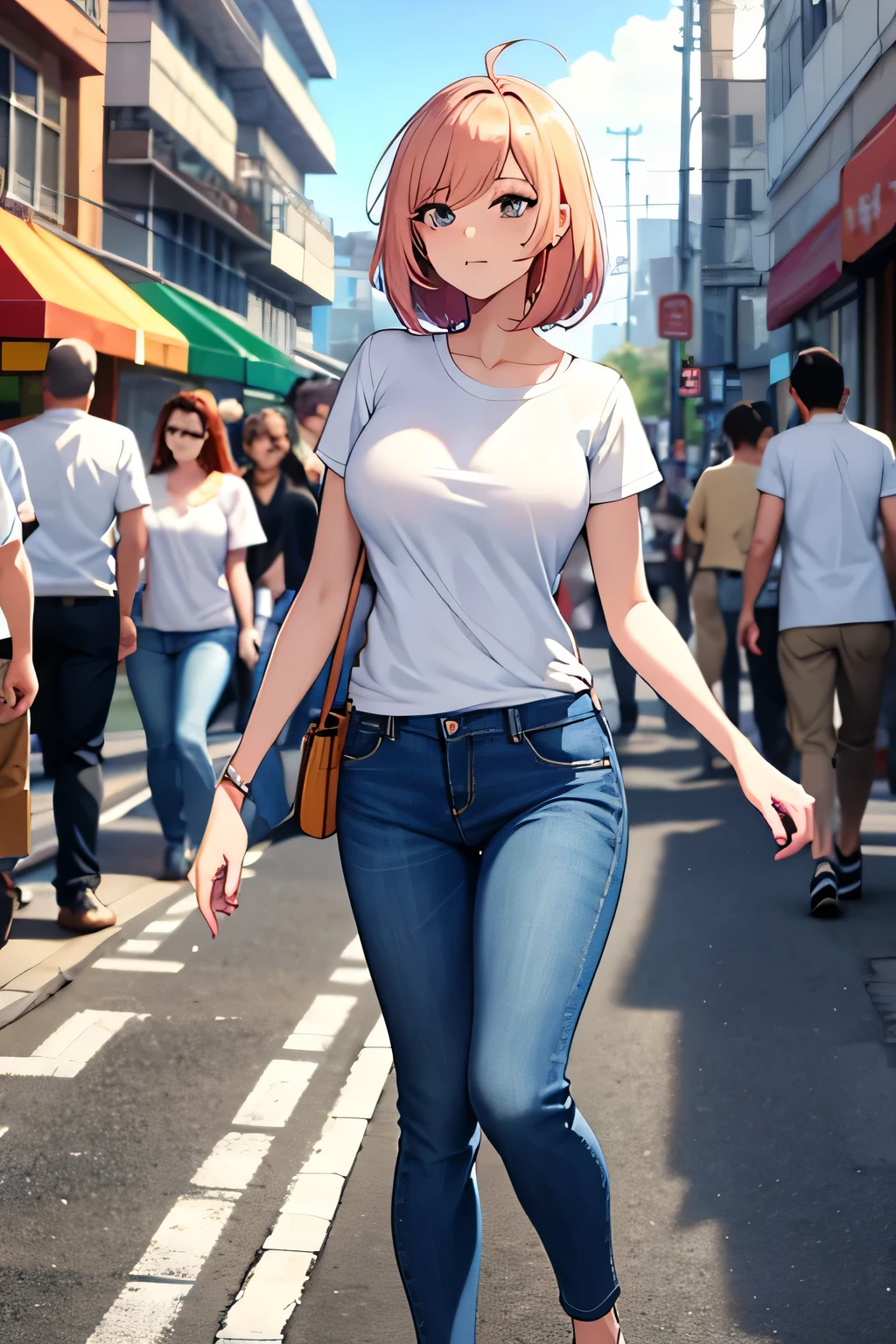 monde parfait，Personnages de dessins animés de Yanagijin，porter des jeans，t-shirt blanc，Sexy，HD，HDR，L&#39;arrière-plan est une rue animée，ensoleillé